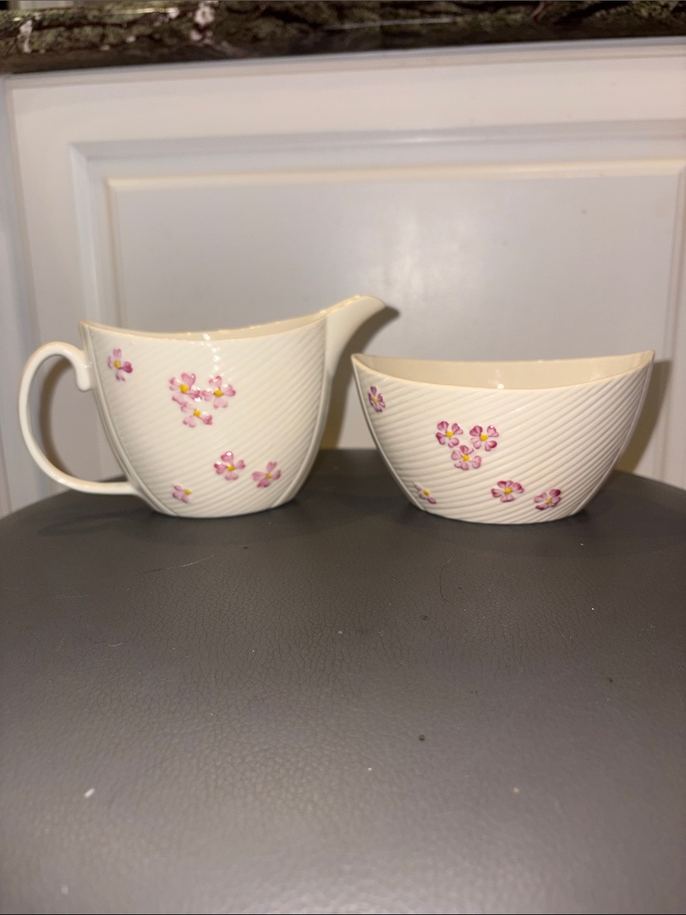 Vintage Irish Belleek "Irish Flag" Creamer & Sugar Bowl Set - Pink Floral